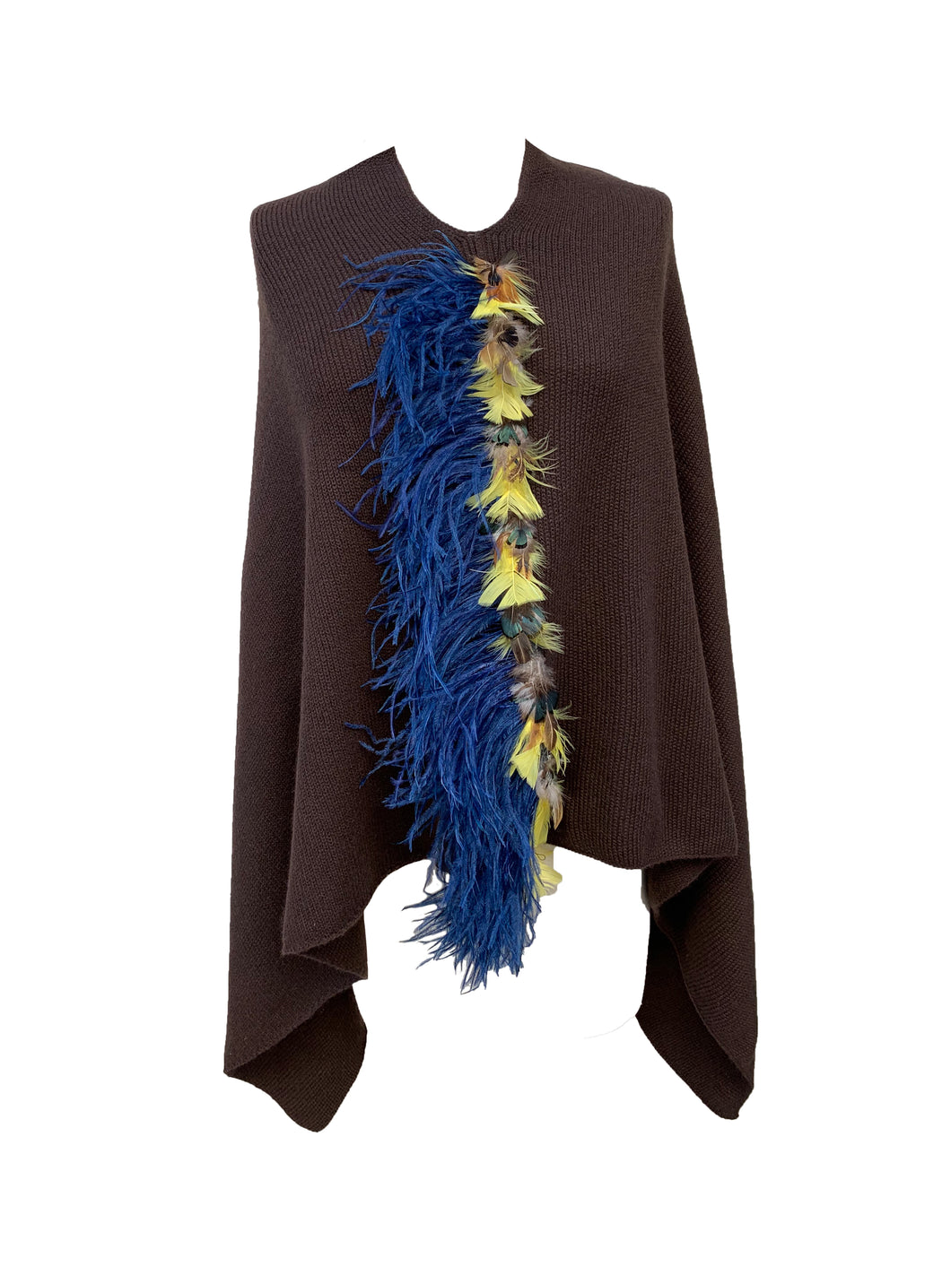 Asymmetry Poncho with Royal Blue Ostrich and Yellow Peacock Feather