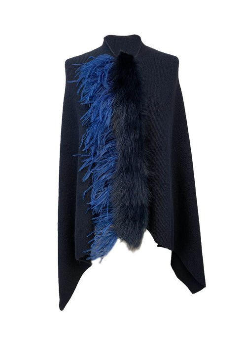 Asymmetry Poncho with Royal Blue Ostrich and Yellow Peacock Feathers