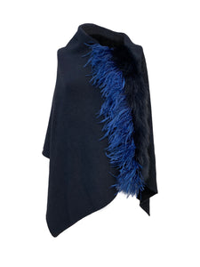 Asymmetry Poncho with Royal Blue Ostrich and Yellow Peacock Feathers