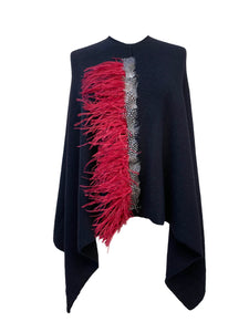 Asymmetry Poncho with Red Ostrich and Spotted Peacock Feathers