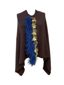 Asymmetry Poncho with Royal Blue Ostrich and Yellow Peacock Feather